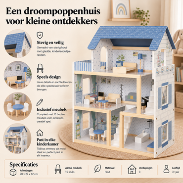 Houten Poppenhuis Blauw Beige