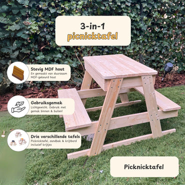 Maxx Kidz Houten Picknicktafel - Zandbak en Krijtbord - Speeltafel