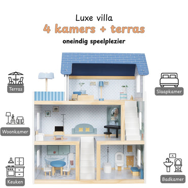 Houten Poppenhuis met Meubels - Dollhouse van Hout - Beige en Blauw