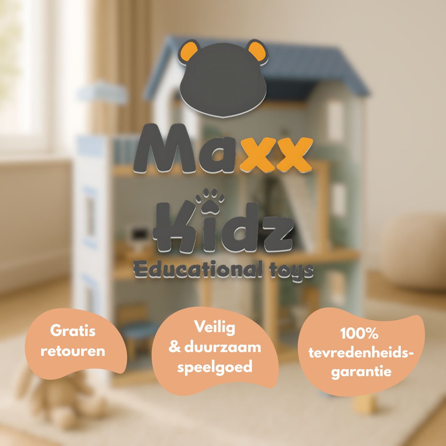 Houten Poppenhuis met Meubels - Dollhouse van Hout - Beige en Blauw