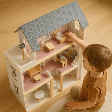 Houten poppenhuis - 19-delig accessoire set - 77cm