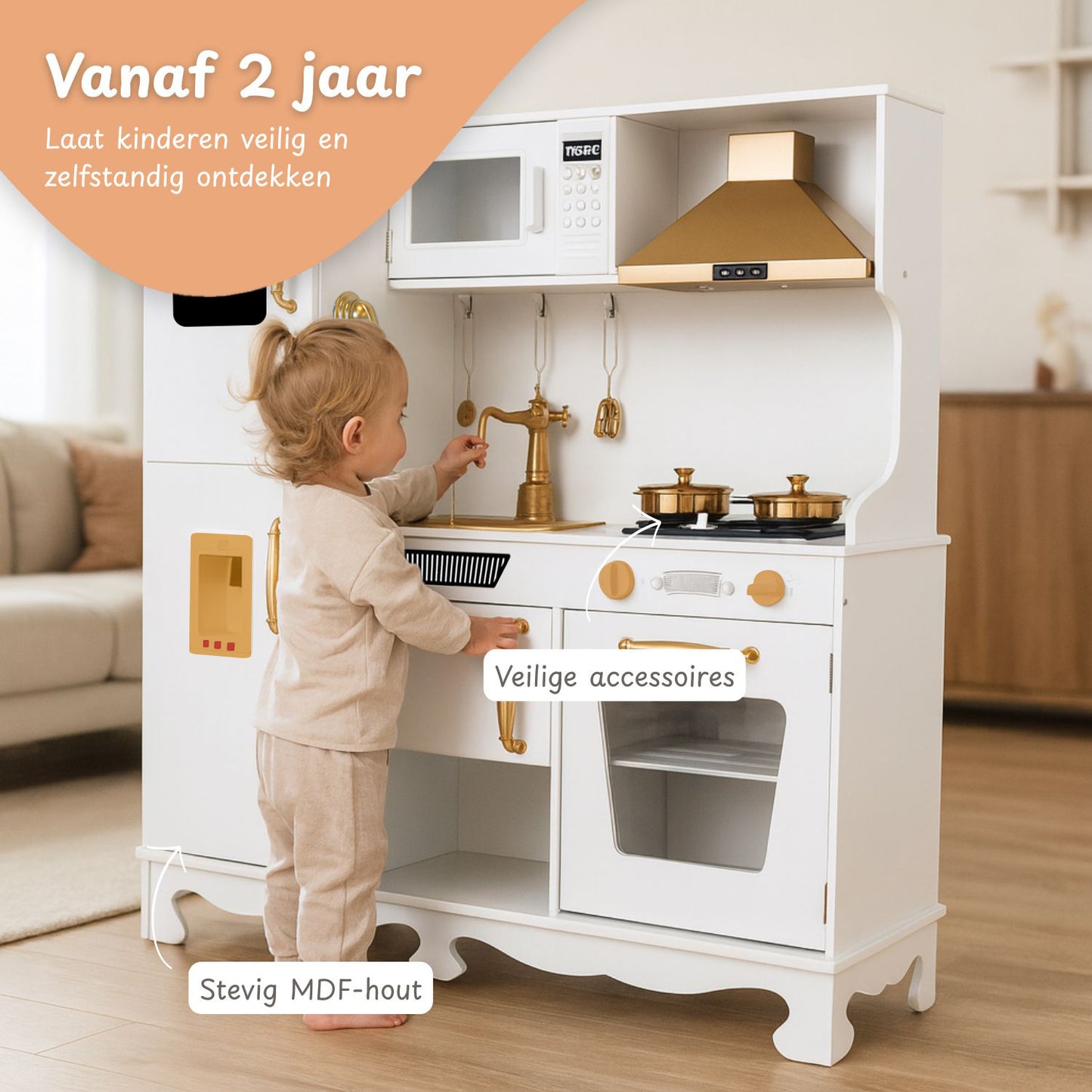 Houten speelkeuken met licht en geluid - Incl. keukengerei - Wit