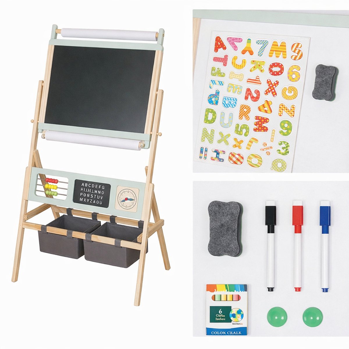 Maxx Kidz Educatief tekenbord - Dubbelzijdig Magnetisch Tekenbord - Verstelbaar Houten Schoolbord
