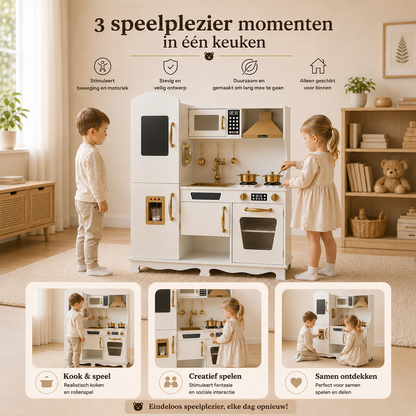 Houten speelkeuken met licht en geluid - Incl. keukengerei - Wit