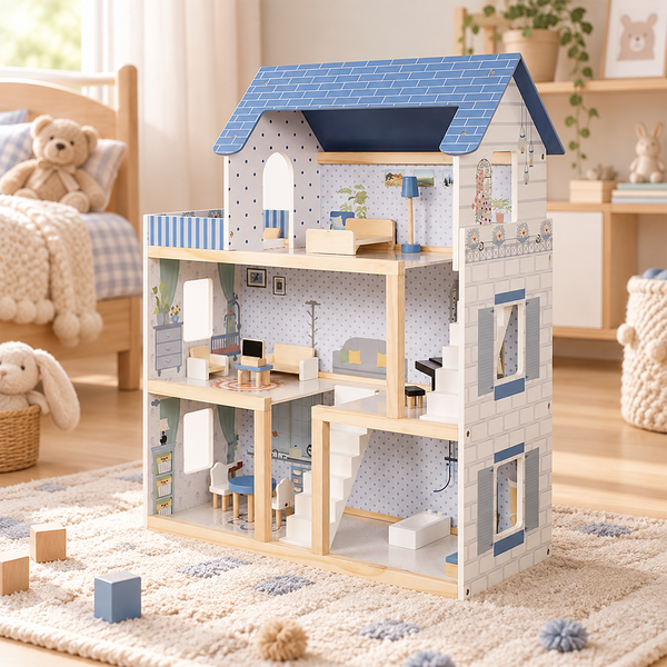 Houten Poppenhuis Beige en Blauw met Meubels – Maxx Kidz