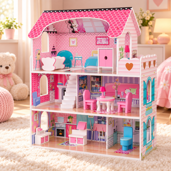 Houten Poppenhuis Roze 70 cm met 8 Meubels – Maxx Kidz