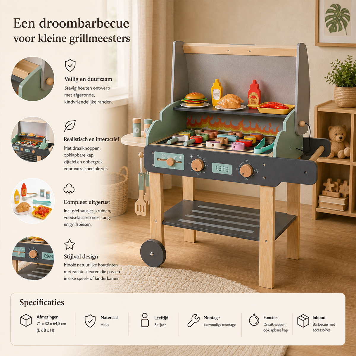 MaxxKidz Houten Speelgoedbarbecue – BBQ Met Accessoires