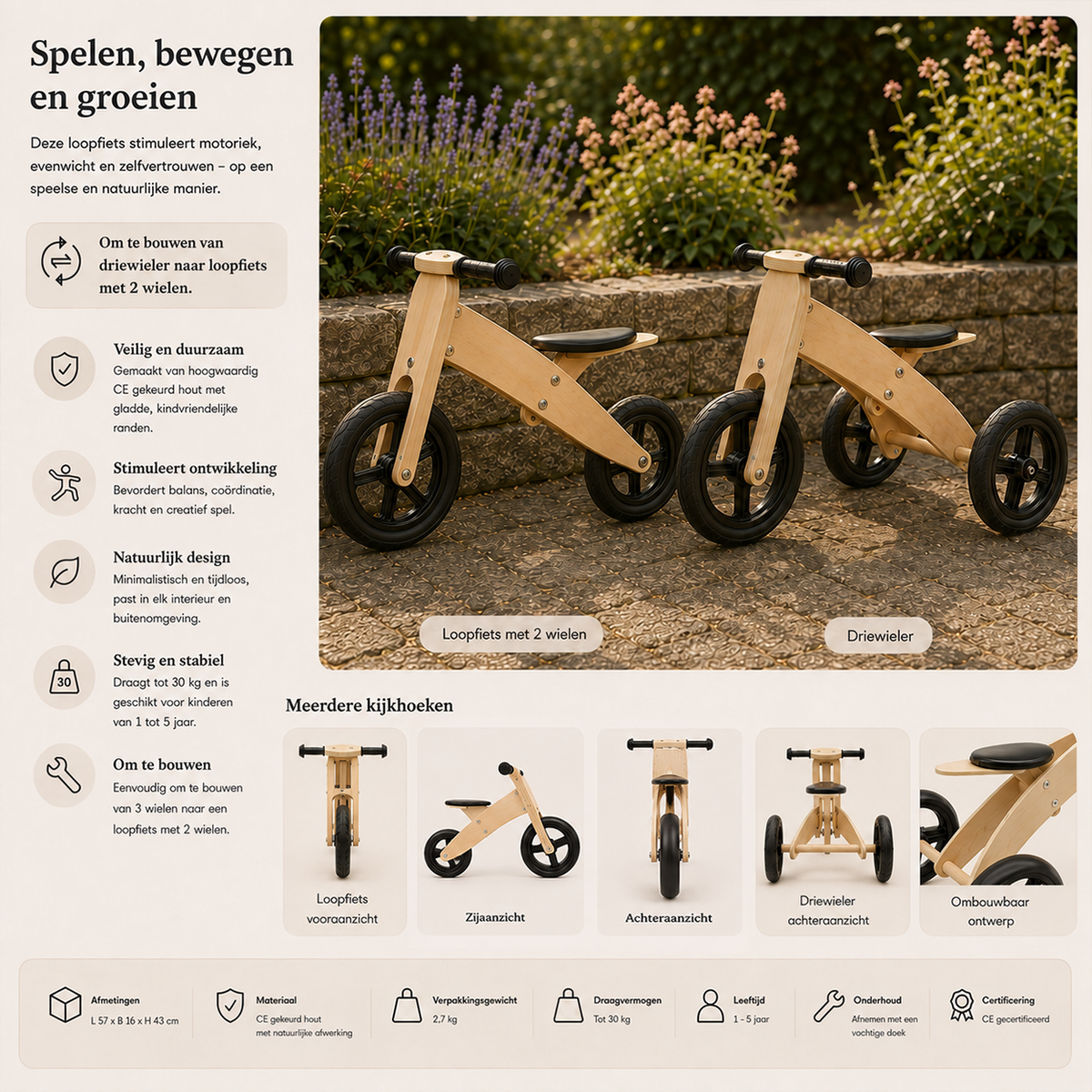 Houten loopfiets 2 in 1
