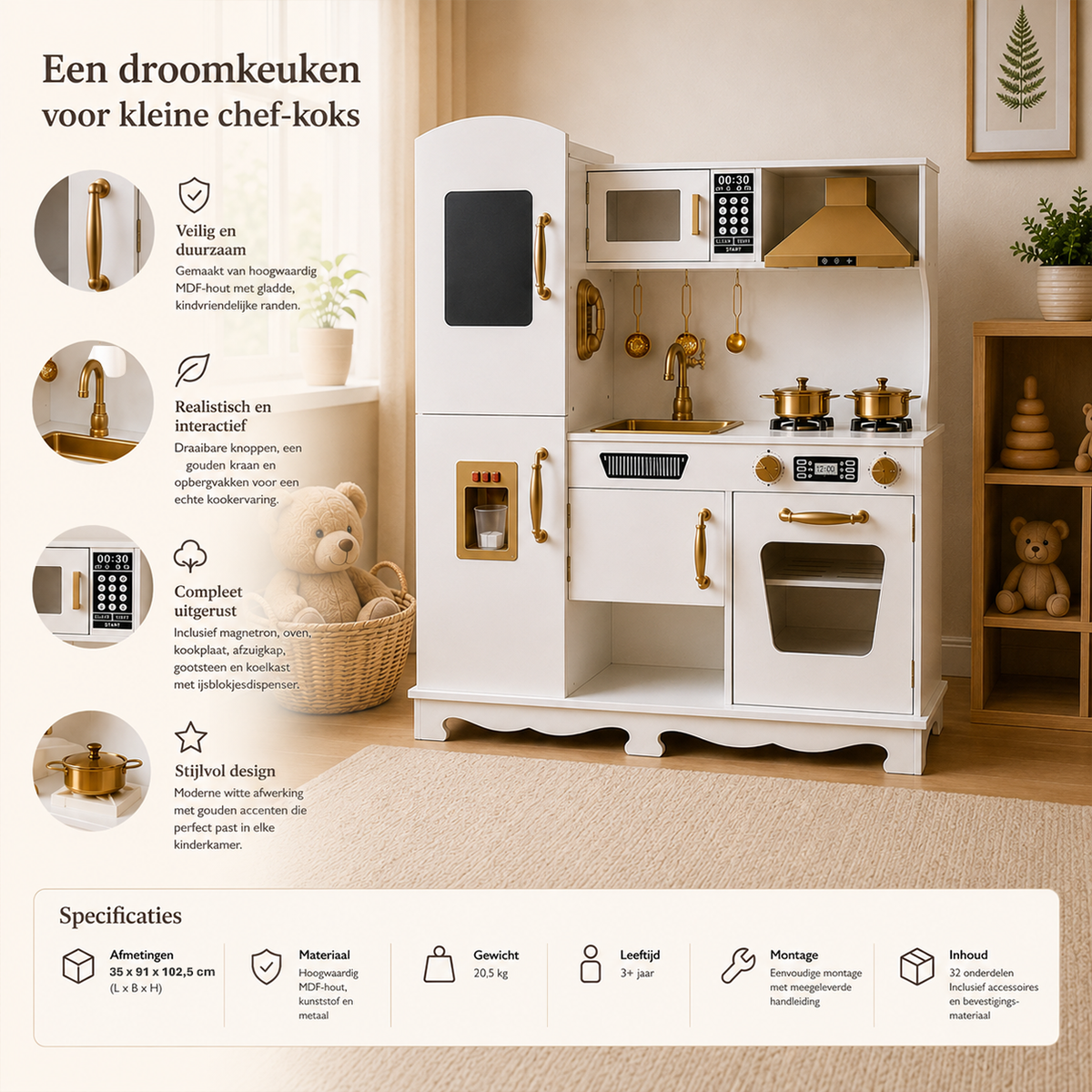 Houten speelkeuken met licht en geluid - Incl. keukengerei - Wit