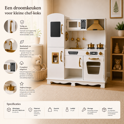 Houten speelkeuken met licht en geluid - Incl. keukengerei - Wit