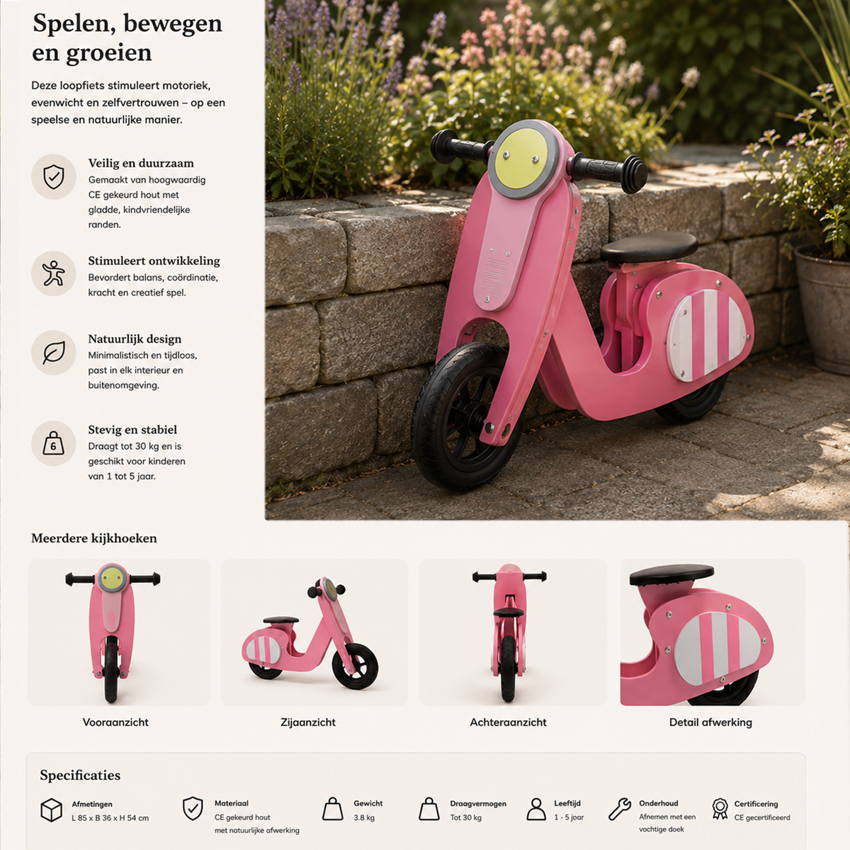 Maxx Kidz- Houten loopscooter - Roze