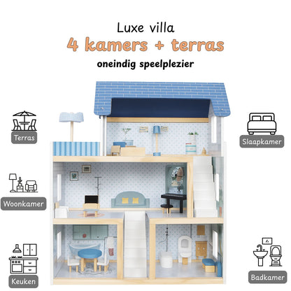 Houten Poppenhuis met Meubels - Dollhouse van Hout - Beige en Blauw