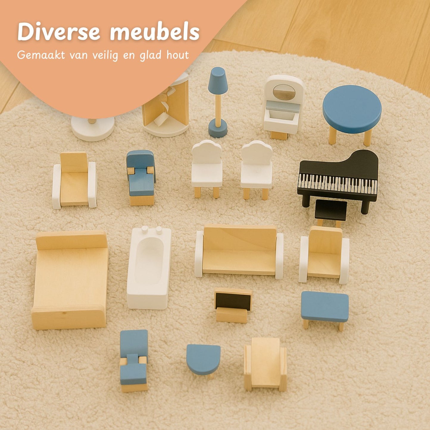 Houten Poppenhuis met Meubels - Dollhouse van Hout - Beige en Blauw
