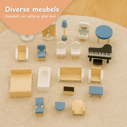 Houten Poppenhuis met Meubels - Dollhouse van Hout - Beige en Blauw