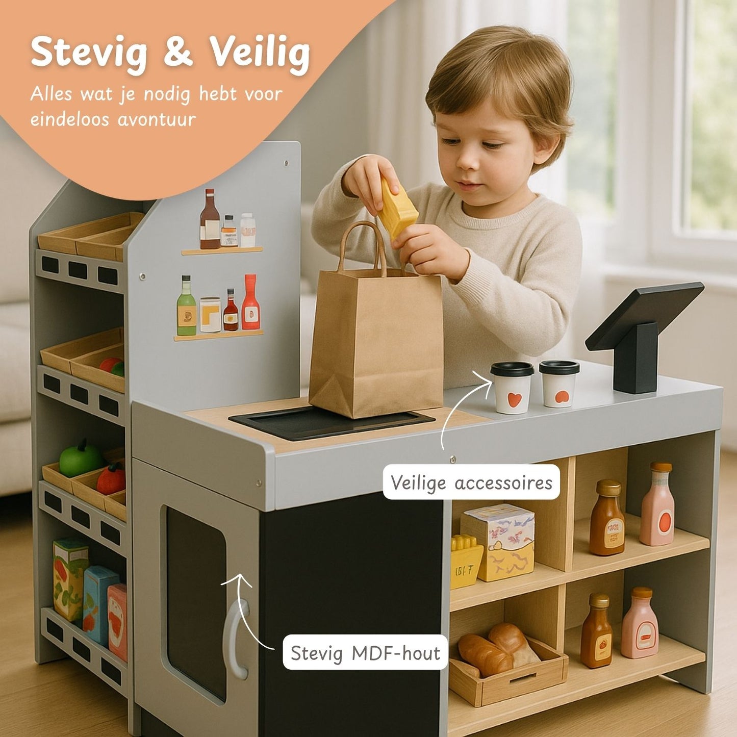 Maxx Kidz Houten Speelgoed Winkel – met 56 Accessoires
