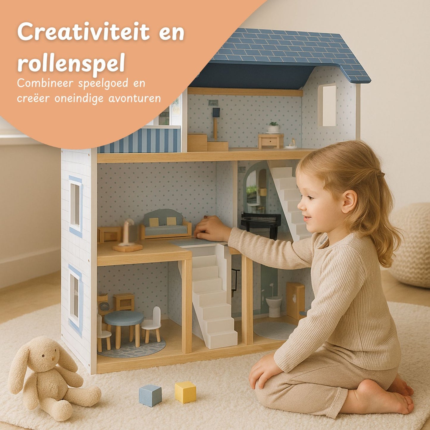 Houten Poppenhuis met Meubels - Dollhouse van Hout - Beige en Blauw