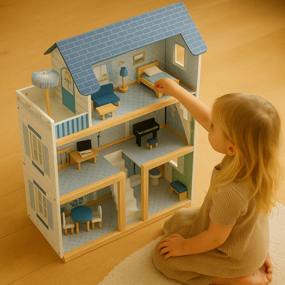 Houten Poppenhuis met Meubels - Dollhouse van Hout - Beige en Blauw