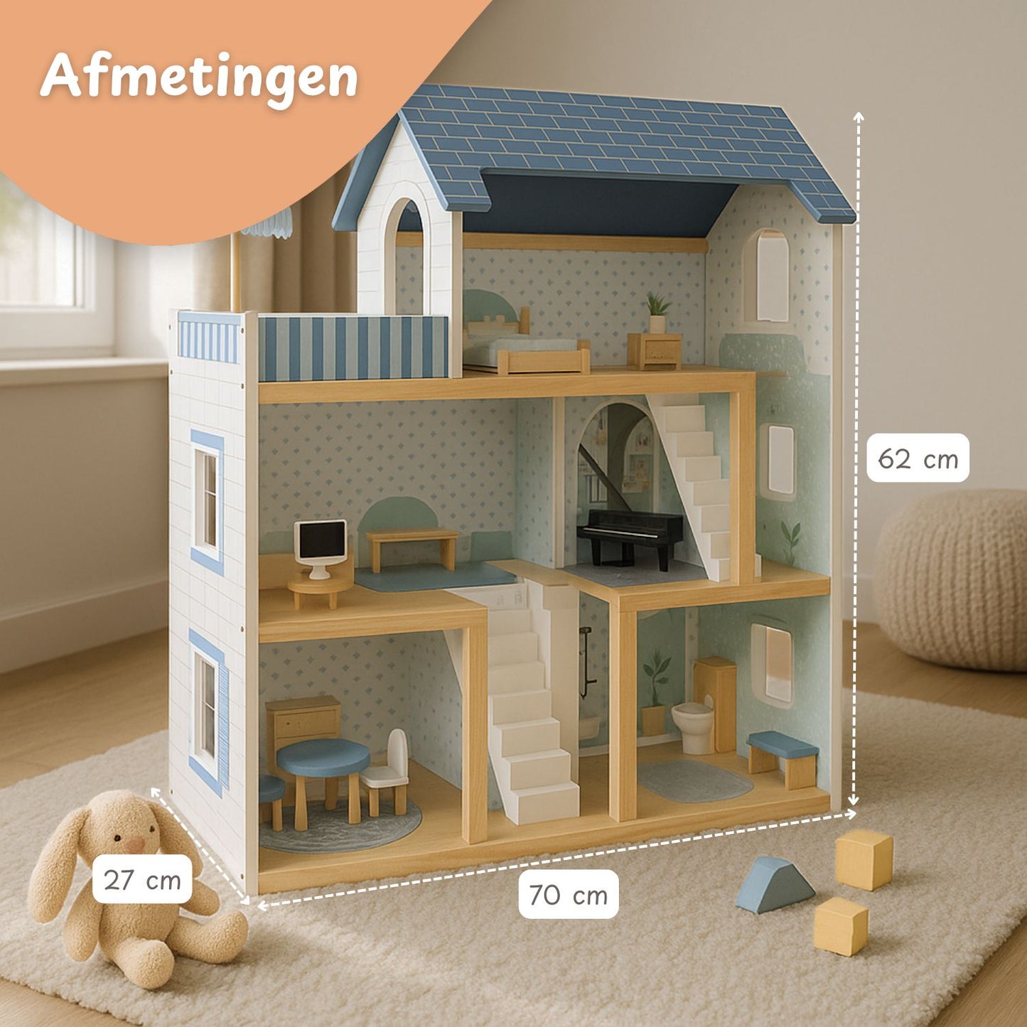 Houten Poppenhuis met Meubels - Dollhouse van Hout - Beige en Blauw
