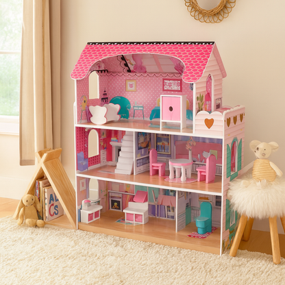 Houten Poppenhuis roze - 8-delig meubelset - 70cm