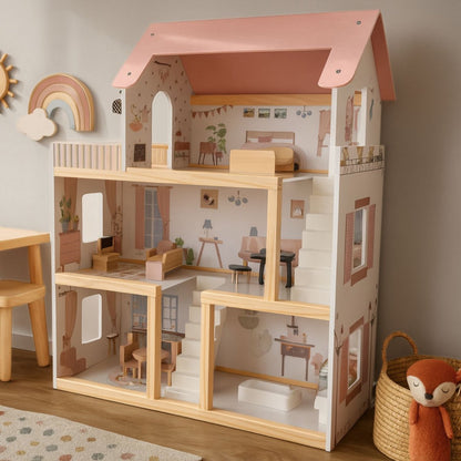 Houten Poppenhuis met meubels - 19-delig met LED
