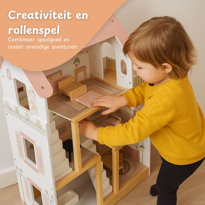 Houten Poppenhuis met meubels - 19-delig met LED