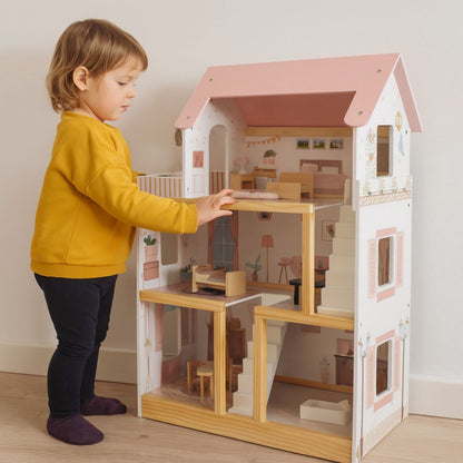 Houten Poppenhuis met meubels - 19-delig met LED