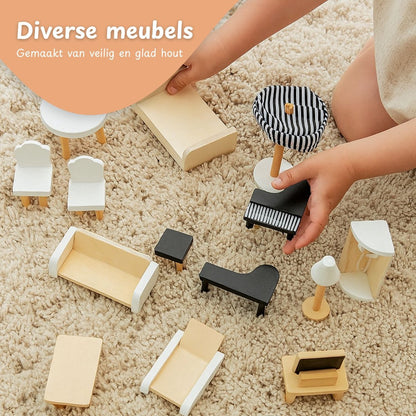 Houten Poppenhuis met meubels - 19-delig met LED