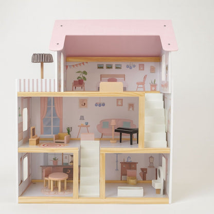 Houten Poppenhuis met meubels - 19-delig met LED