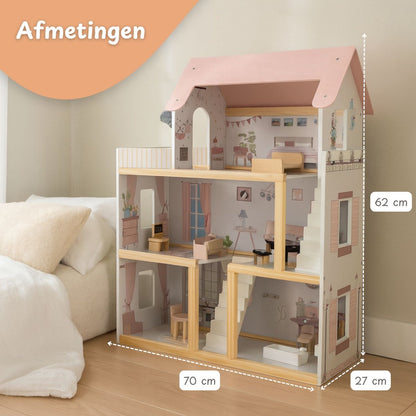 Houten Poppenhuis met meubels - 19-delig met LED