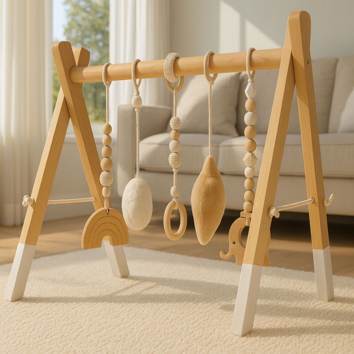 Houten Babygym inclusief 5 speeltjes Maxx Kidz - 0 tot 6 maanden