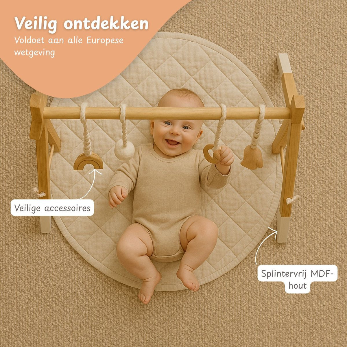 Houten Babygym inclusief 5 speeltjes Maxx Kidz - 0 tot 6 maanden
