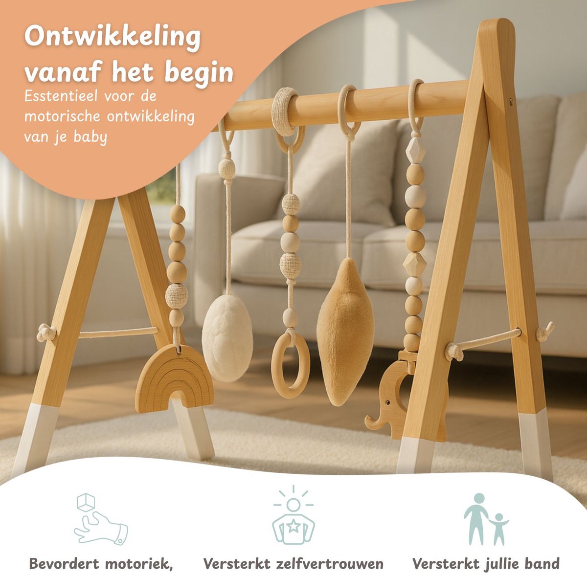 Houten Babygym inclusief 5 speeltjes Maxx Kidz - 0 tot 6 maanden