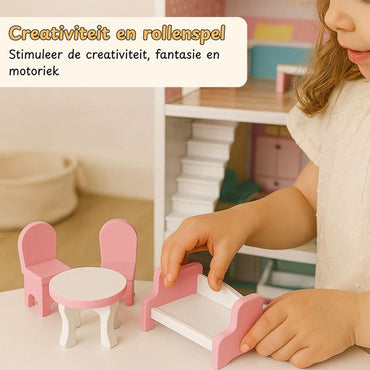 Houten Poppenhuis roze - 8-delig meubelset - 70cm