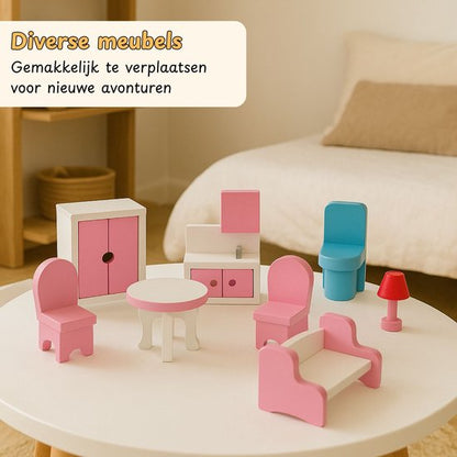 Houten Poppenhuis roze - 8-delig meubelset - 70cm