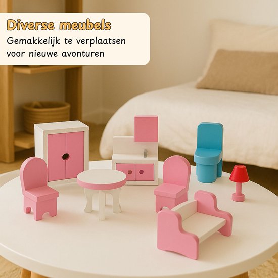 Houten Poppenhuis roze -19-delig accessoire set met LED verlichting - 70cm
