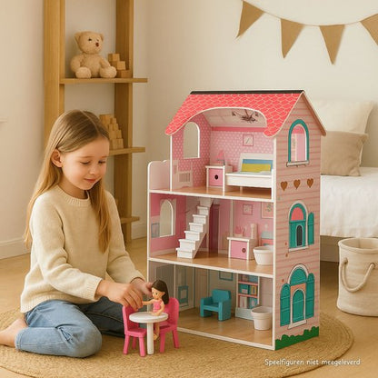 Houten Poppenhuis roze - 8-delig meubelset - 70cm