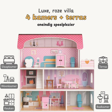 Houten Poppenhuis roze -19-delig accessoire set met LED verlichting - 70cm