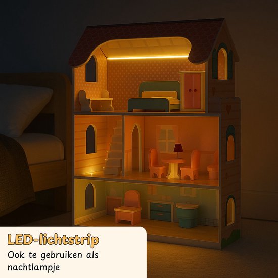 Houten Poppenhuis roze -19-delig accessoire set met LED verlichting - 70cm