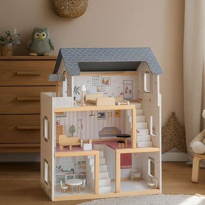 Houten poppenhuis - 19-delig accessoire set - 77cm