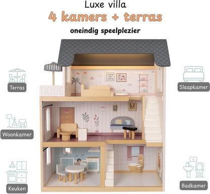 Houten poppenhuis - 19-delig accessoire set - 77cm
