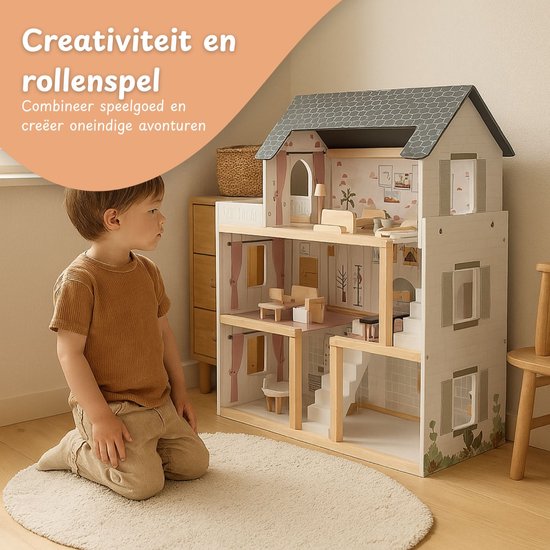 Houten poppenhuis - 19-delig accessoire set - 77cm