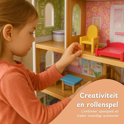 Houten poppenhuis groot - 28-delig accessoire set - 120cm