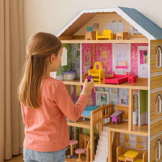 Houten poppenhuis groot - 28-delig accessoire set - 120cm