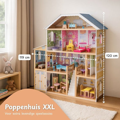 Houten poppenhuis groot - 28-delig accessoire set - 120cm