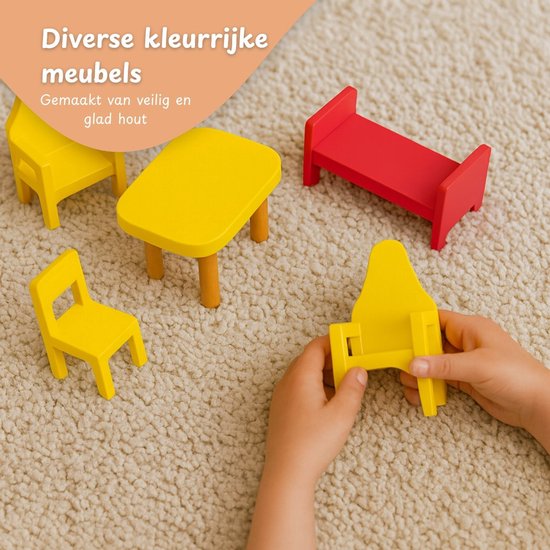 Houten poppenhuis groot - 28-delig accessoire set - 120cm