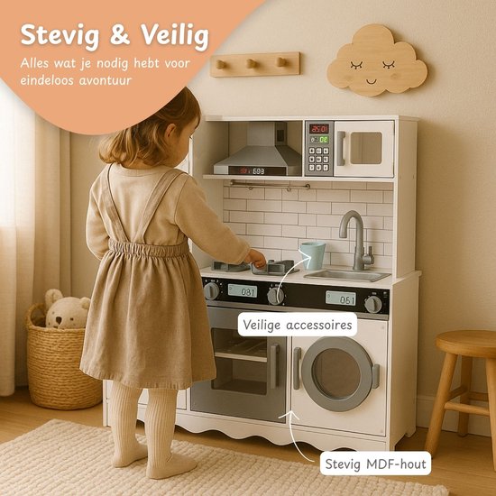Houten speelkeuken inclusief wasmachine en werkende kraan - Wit