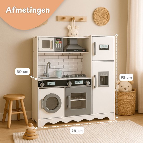 Houten speelkeuken inclusief wasmachine en werkende kraan - Wit