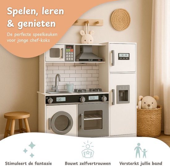 Houten speelkeuken inclusief wasmachine en werkende kraan - Wit