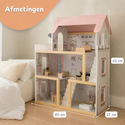 Houten Poppenhuis met Meubels - 19-delig accessoire set - 80 cm